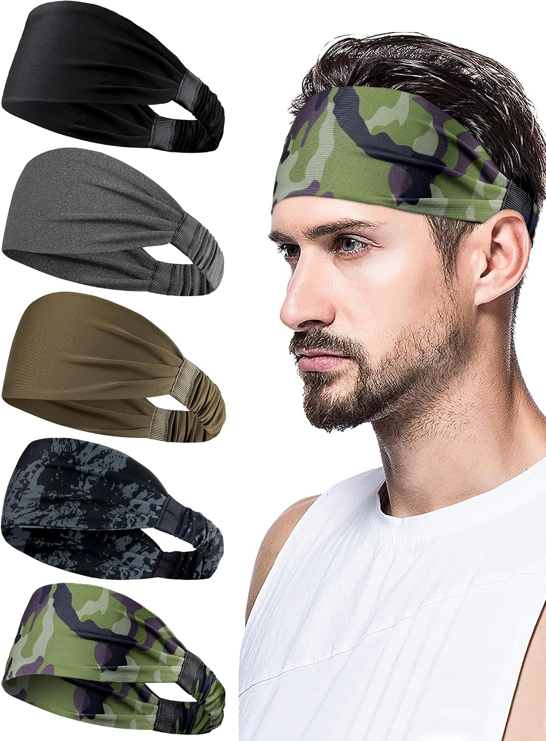 Sports Headbands for Men, Sweat Bands Headbands Men Absorbent Head Band Stretchy Sweatbands 5 Pack Hair Band Workout Football Running Cycling Fitness