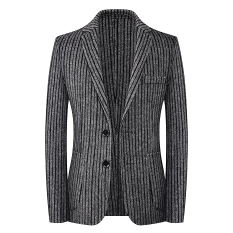 Men's Vintage Wool Blend Blazer 2 Button Casual Pinstripe Sports Coat Basic Striped Slim Fit Business Suit Jacket (Black,Medium)