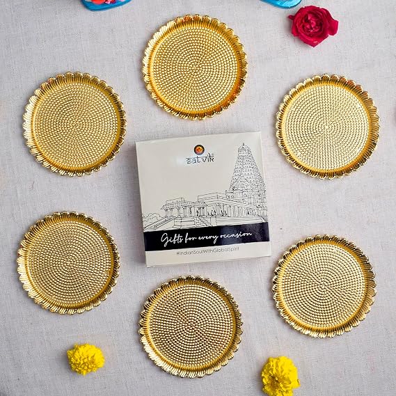SATVIK 6 Pc Set of Golden Decorative Pooja Pooja Thali Platter Bhog Thali Roli Chawal Kumkum Haldi Rakhi Pooja Kankavati Thali Festival Diwali Pujan Mandir Tika Roli Deepawali Indian