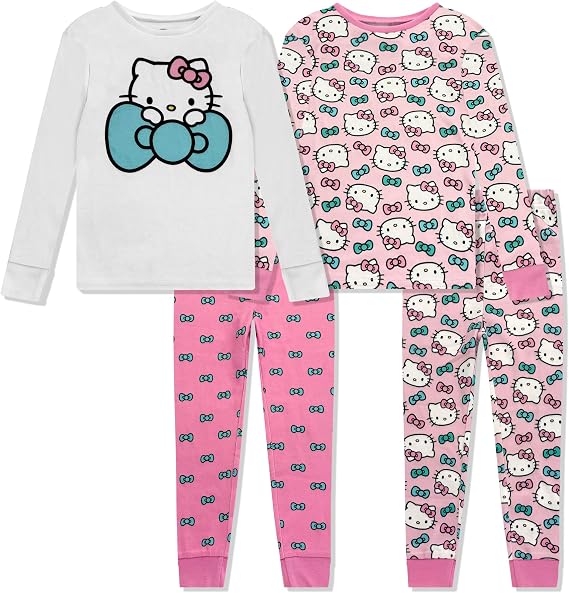 Hello Kitty 4 Piece Pajama Set - Toddler Girls PJ Set with Long Sleeve Shirt & Pants - Kids Sleepwear Set - Official License