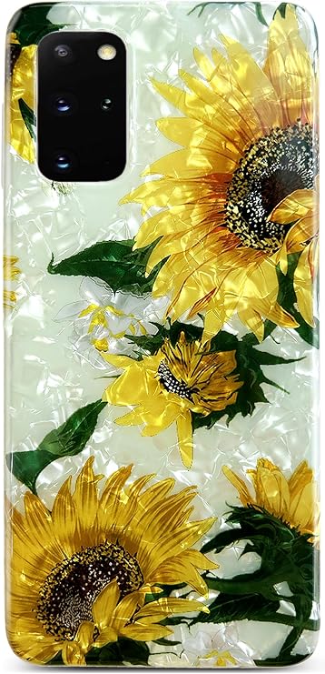 Qokey for Galaxy S20 Plus(S20+) 5G Cover Flower, Slim Fit Thin Sparkle Bling Soft Bumper Lightweight Soft Anti-Scratch Phone Semi-Transparent Case Fits Dark&Light Phones, Clear Yellow Sunflower