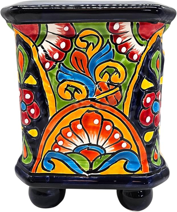 Square Planter with Feet Hand Painted Pot Indoor Outdoor Multi Colored Figure Glazed