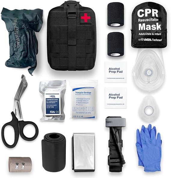 ASA Techmed Survival First Aid Kit/IFAK Trauma Kit with CPR Mask with Valves, Tourniquet, Essential Gear for Preppers, Campers, Hunters, Bikers, Hikers, EMTs, Climbers, Military Personnel, Black
