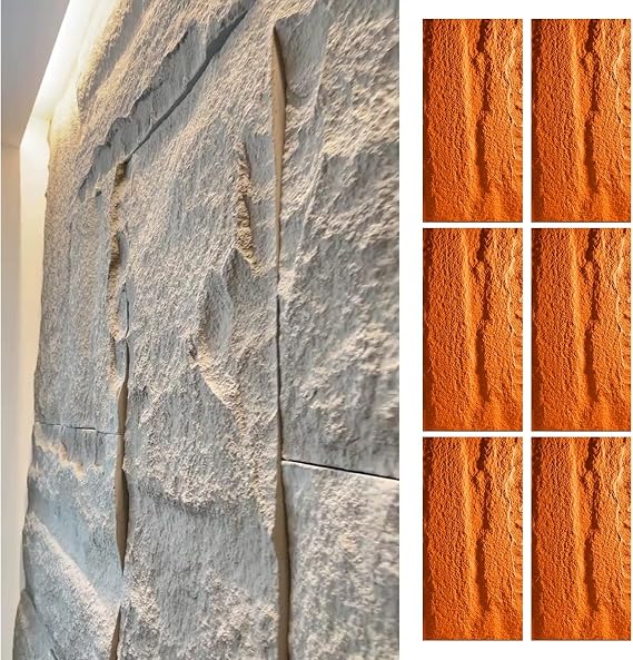 Wall Cladding 3D Wall Panels Outdoor Indoor, Modern Faux Stone PU Wall Paneling, Artificial Stone Panel for Wall, Interior Exterior Accent Wall Covering(Orange,6pcs)
