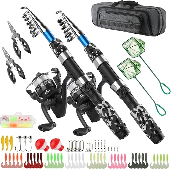 Fishing Rod Reel Combos Collapsible Fishing Rod Kit, 2PCS Telescopic Fishing Pole+2PCS Spinning Reels+Lures Hooks+Tackle Bag+Fishing Accessories Full Combo for Kids Youth