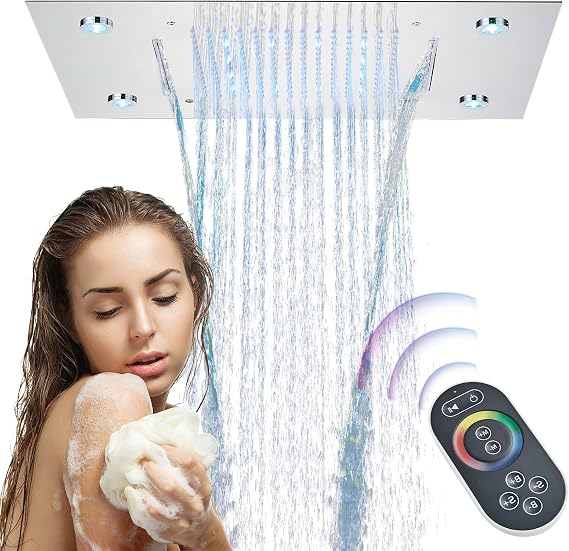Ceiling Mounted Bathroom Rainfall Shower Head 20x14" LED Shower Head Large High Pressure Shower Head Rectangle Embedded Type With LED Contro (Polished Chrome)