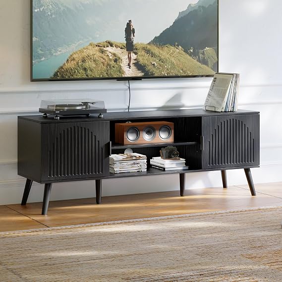 ChooChoo TV Stand with Open Shelves for 55/60 Inch TVs, Mid Century