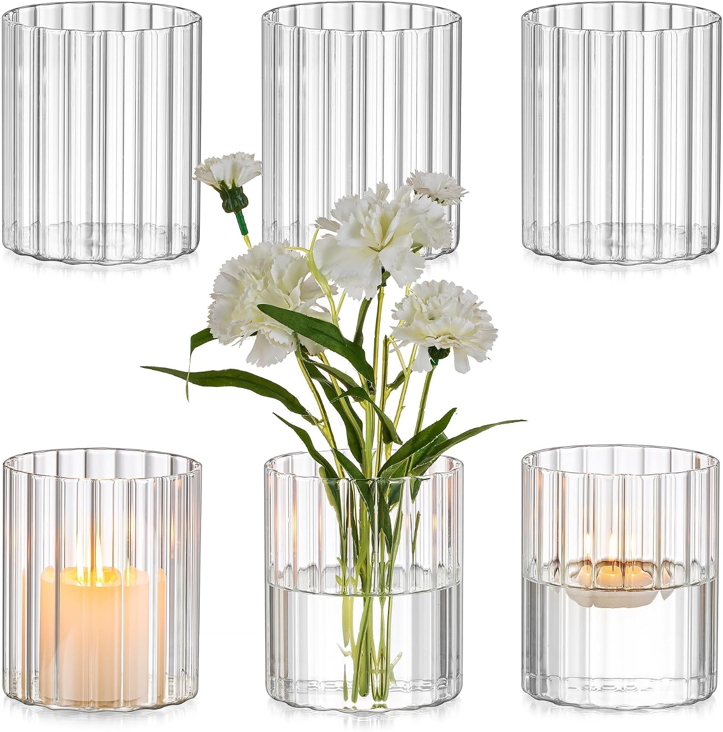 Glasseam Glass Cylinder Vases for Centerpieces: Clear Ribbed Flower Vases for Pillar Candle - 6Pcs Modern Hurricane Floating Candle Holder for Table Wedding Centerpieces Living Room Decorations