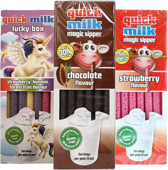 Quick Milk Straws Magic Sipper Straw | Flavoured Milk Straw Milkshake | Chocolate, Strawberry, Banana, Forest Fruits Unicorn Flavours | Pack of 3 (39 Straws)