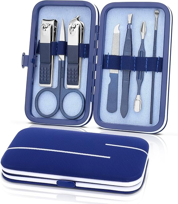 Manicure Set-Stainless Steel Nail Care Set-Professional 7 in 1 Ingrown Toenail Clipper Grooming Tool-Pedicure Kit & Toe Nail Cutter-Thick Nail Scissors Toiletries with Cuticle Trimmer (Blue)