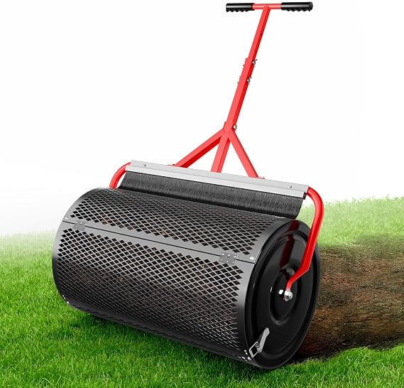 Compost Peat Moss Spreader with Brush Mesh Cleaner, 24 Inch Lawn Roller