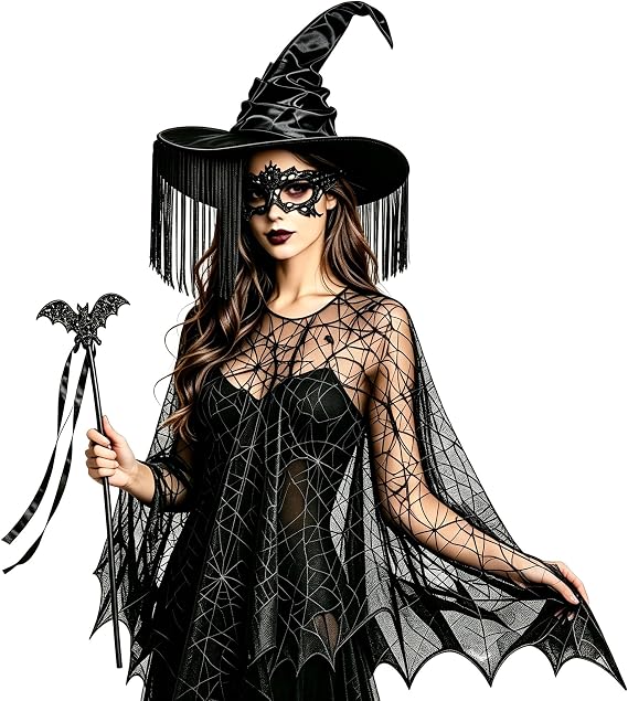 Halloween Witch Costume Cobweb Cape Witch Hat Bat Wand for Halloween Party