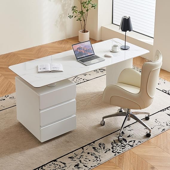 71" Reversible Faux Marble White Office Computer Desk with Drawers | Sintered Stone Tabletop, Reversible Left-right Setup, Round Anti-collision Edges