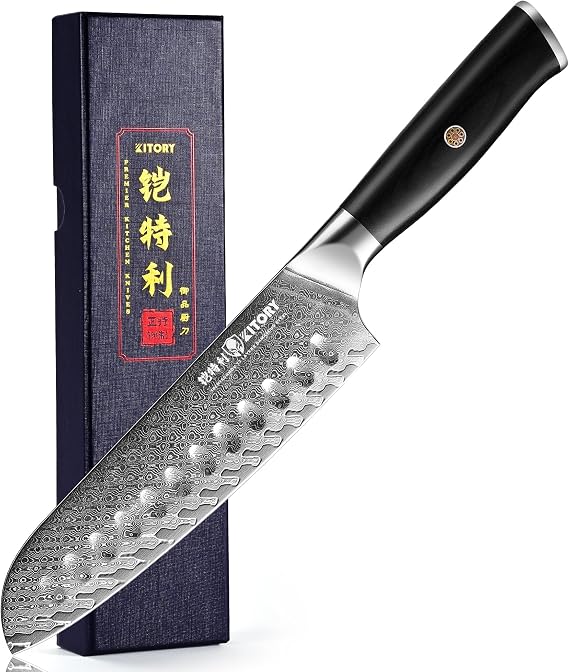 73 Layers Damascus Santoku Knife 7",10Cr15CoMoV HC Cutting Core, Japanese Style Premier Kitchen Chefs Gadget w/t Gift Box