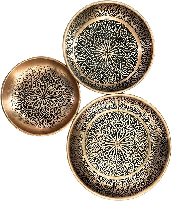 LEILA'S KITCHEN Pure Copper Circular Serving Plate Set - Round Party Platter, Dish, Souce Plate - Traditional Turkish Style, Set of 3