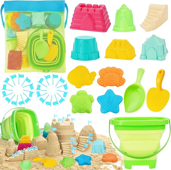 RACPNEL Beach Toys with Collapsible Bucket, Mesh Bag for Kids Ages 3-10
