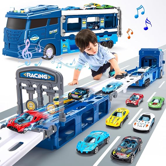 hahaland Toys 3 Year Old Boy Gift, Dual Launcher Car Carrier Race Tracks