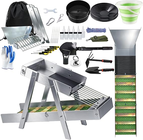 3 in 1 Highbanker Gold Panning Kit 50" Folding High Banker Gold Sluice Box 37pcs Portable Gold Mining Equipment Prospecting Kit with Gold Pans Classifier Screen Magnet Backpack and Accessories