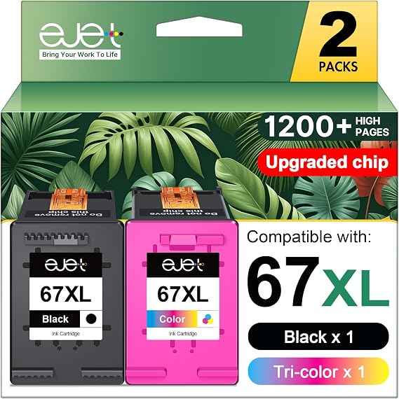 67XL Ink Cartridges Black/Color Combo Pack Compatible for HP Ink 67 67XL Works with HP Deskjet 2700 2700e 2755 2755e 2855e 2800e 2852e 2827e 4100e 4155e 4227e 4255e Envy 6055e 6455e Series (2-Pack)