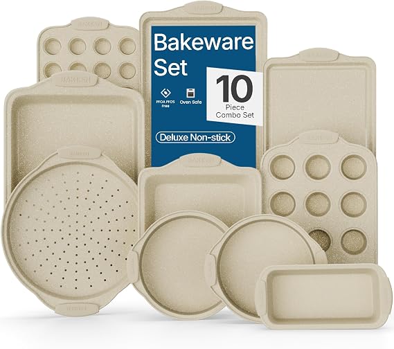 BAKKEN Kitchen Oven Baking Pans - Nonstick Gray Coating, Carbon Steel Bakeware Set with White Silicone Handles, Commercial Restaurant Quality Pans, PFOA, PFOS, PTFE Free, Oven Safe (450 F), Set of 10
