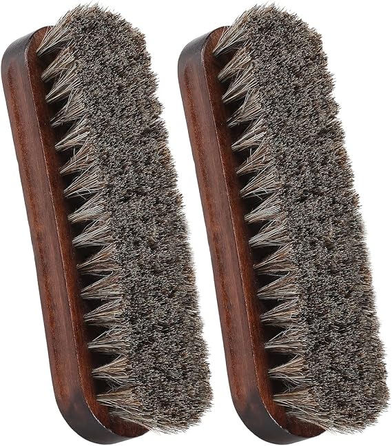 Horsehair Shoes Shine Brush, Soft Horse Hair Bristles Leather Clean & Care Brushes with Comfortable Grip for Shoes, Boots, Coats and Bags - 2 Pack
