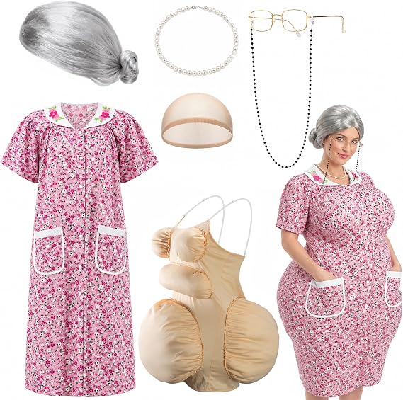 7 Pcs Halloween Fat Old Lady Costume Set, Grandma Dress Fat Suits