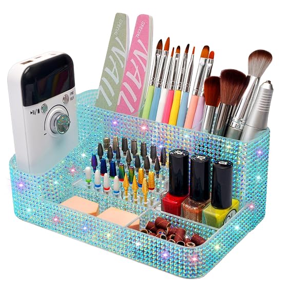 ANRUI Nail Drill Bit Holder, 28 Holes Plastic Nail Drill Machine & Bits Storage Case, Professional Nail Desk Organizer for Manicure Tools Gift for Women and Girls- Diamond Blue