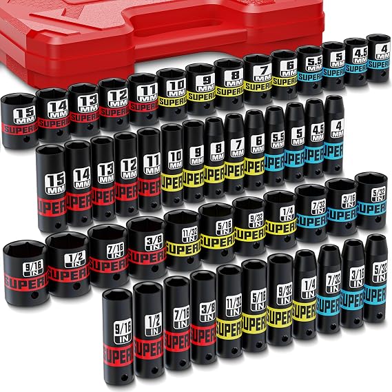 1/4 Inch Drive Impact Socket Set, 50 Piece Deep Sockets (SAE 5/32"-9/16", Metric 4-15mm), SAE & Metric Socket Set for Bicycle, Motorcycle and Home Repair