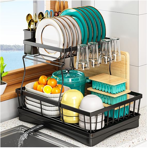 2 Tier Dish Drainer Rack for Kitchen Counter,Kitchen Draining Rack | Space-Saving Dish Rack with Utensil Holder,Large Capacity Dish Drying Rack with Draining Board, Black