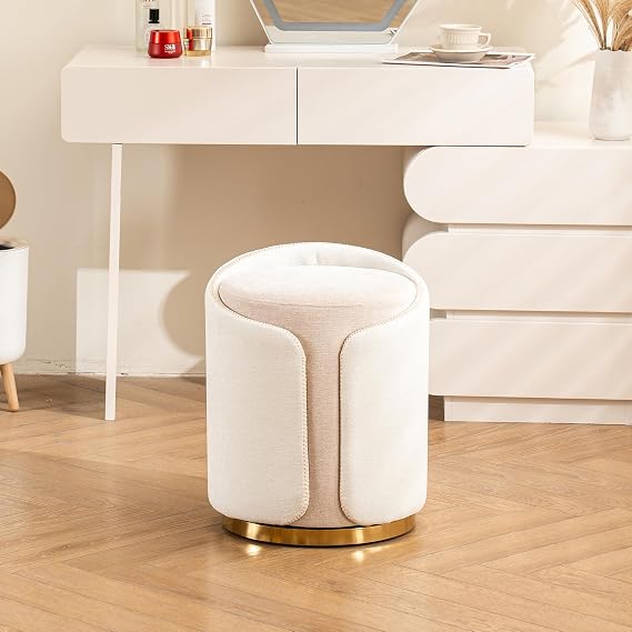 Swivel Vanity Stool with Gold Base Comfy Vanity Chair Modern Round Stool for Makeup Vanity Ottoman Foot Rest for Bedroom livingroom (Beige)