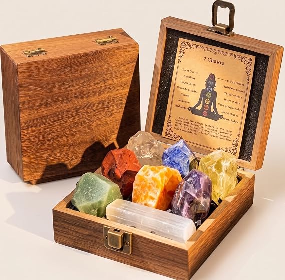 Premium Chakra Healing Crystals Set with Selenite Stick - Real Raw Crystals and Healing Stones with Amethyst, Sunstone - Wooden Gift Box & 9 Guide Cards Included, Spiritual Reiki Gift