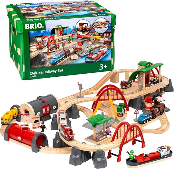 BRIO World Deluxe Railway Set - 87-Piece Wooden Train Set - Includes Passenger & Freight Trains, Stations, Accessories - Safe & Sustainable - MESH Accredited Fun Play for Kids Ages 3 & Up