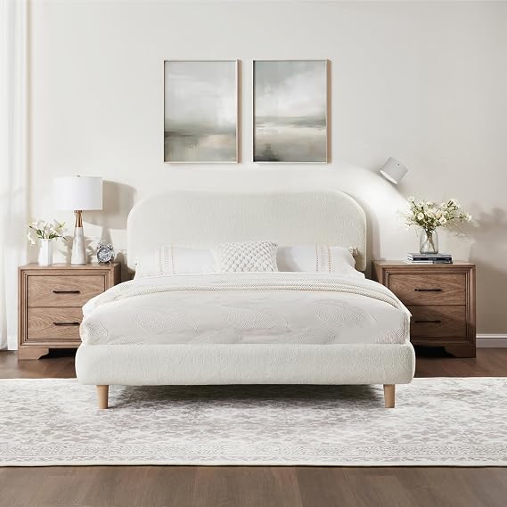 FLEXISPOT Queen Size Boucle Bed Frame with Charging Station&Light, White