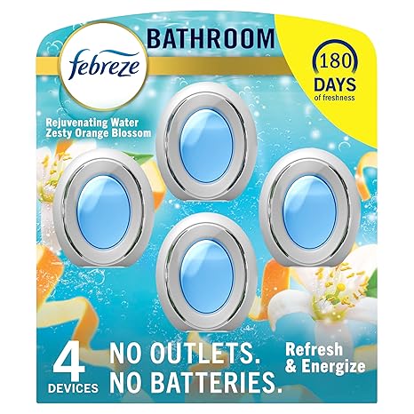 Febreze Bathroom Air Freshener, Odor-Fighting, Plug In Alternative, Air Fresheners for Small Spaces in Home, Bathroom, Kitchen, Closet, Pet & Litter Box Odor Fighter, Refresh & Energize Scent, 4ct