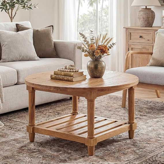 Round Coffee Table, 31.5" Farmhouse Solid Wood Center Table with Storage, 2-Tier Circle Accent Table for Living Room, Small Spaces, Apartment, Rustic Brown