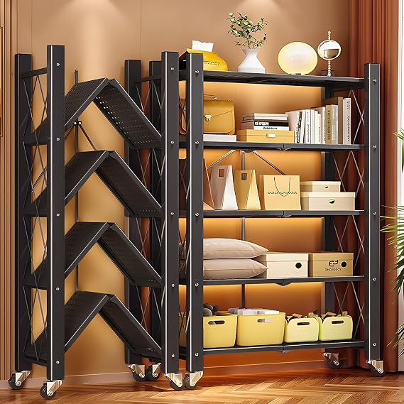 JOYBOS 5 Tier Foldable Storage Shelves with Wheels,Heavy Duty Metal Storage Shelving Unit Rolling Cart,No Assembly Utility Shelf Rack Organization Shelves for Garage Kitchen,Basement,Pantry