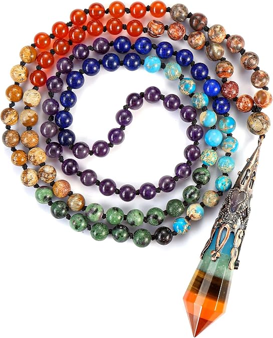 GEHECRST Natural 7 Chakra 108 Mala Prayer Beads Necklace with Reiki Healing Crystal Pointed Pendant 6mm Gemstones Beads Necklace Mens Womens Jewelry for Meditation, Protection