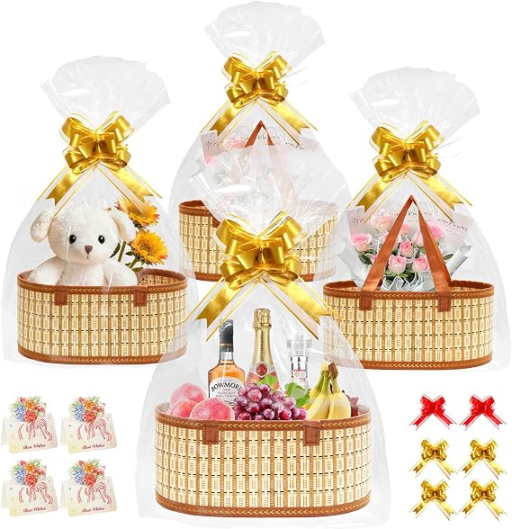 Mapaim 4 Pack Baskets for Gifts Empty,Large Gift Basket Kit with Cellophane Wrap & Bows, Woven Bamboo Gift Baskets with Handles, Ready to Gift Set for Birthday, Holiday, Baby Shower, Easter(Oval)