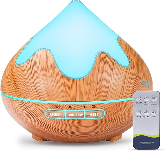 500ML Essential Oil Diffuser, Aromatherapy Diffuser with Remote Control, Multifunctional Air Diffusers for Home Office Room, Fragrance Aroma Diffuser with 7 Color LED & 2 Mist Mode, Light Brown