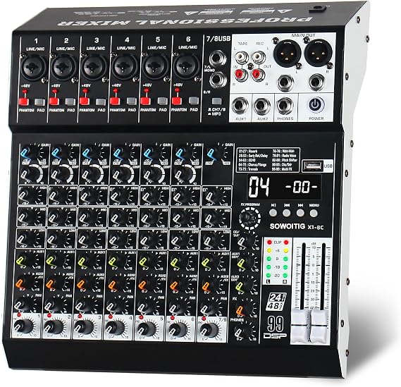 Audio Mixer 8 Channel Professional Sound Mixer Console with 99 DSP Effects, Mixing Board DJ Mixer w/USB, Bluetooth, 48V Power Supply, PAD Button for Recording Karaoke PA Drum Live Music