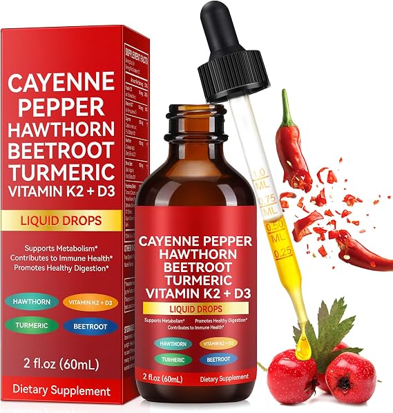 Cayenne Pepper Drops, Natural Cayenne Pepper Supplement Liquid Drops,Vitamin D3 K2 Beet Root Powder, Ceylon Cinnamon, Turmeric Curcumin, 60ml