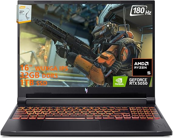 Acer Nitro V 16 AI Gaming Laptop | 16" WUXGA IPS 180Hz | AMD 6-Core Ryzen 5 240 | 32GB DDR5 1TB SSD | GeForce RTX 5050 8GB DLSS4 (Up to 440 AI Tops) | Backlit Keyboard Win 11 w/DLCA Accessory