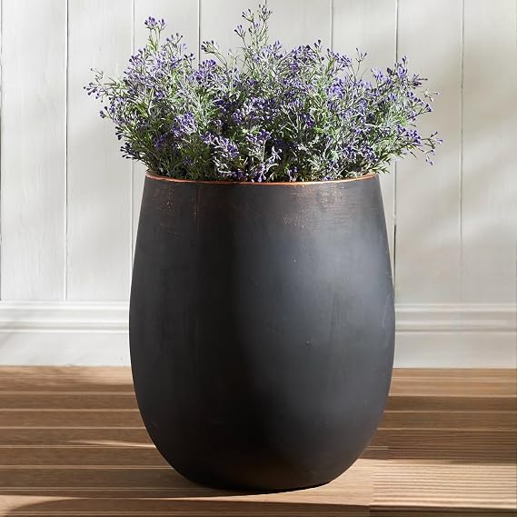15.5"Hx13.3"Dia" Heavy-Duty Concret Concrete Planter with Drainage Hole | Black Round Heavy-Duty Hand-Finished Planters with Copper Rim, Indoor & Outdoor Flower Pots for Patio Courtyard Home