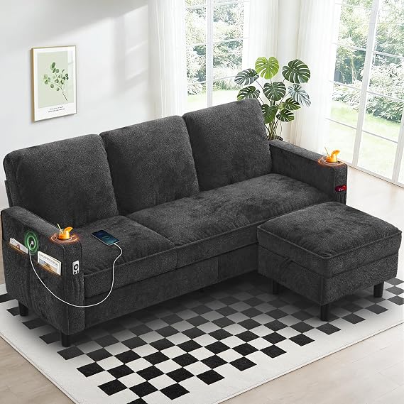3-Seater Sofa with Storage Ottoman Footstool, L-shaped Chaise Lounge Sofa with USB Charging Ports, 2 Cup holders, Modern Fabric Small Space Corner Sofa Couch for Living Room (Deep Grey)