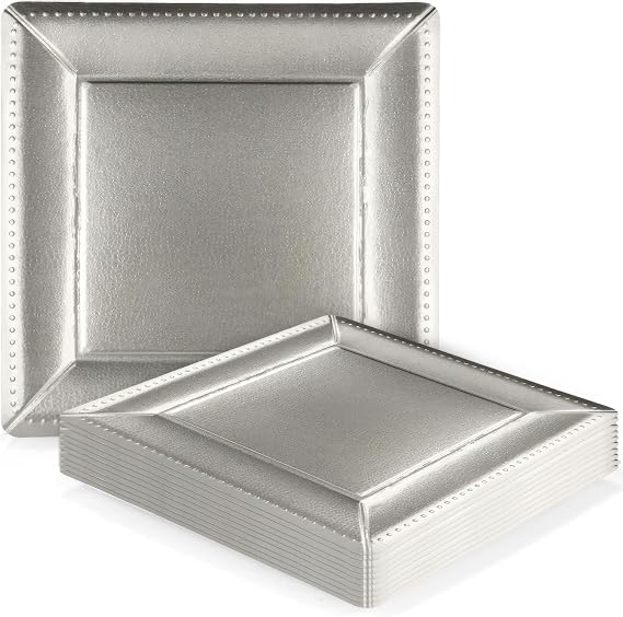 Kaya Luxurious Silver Square Edge Beaded Paper Disposable Charger Plates - 13" (Pack of 10) - Elegant and Eco-friendly - Perfect for Weddings, Parties, and Celebrations, Large