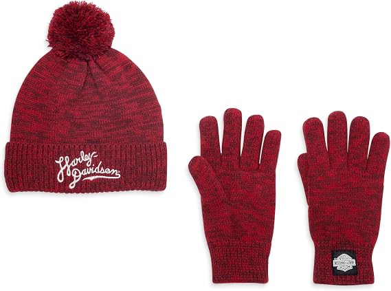 Harley-Davidson Women's Up North Pom Pom Hat & Glove Set, Red - 97709-23VW
