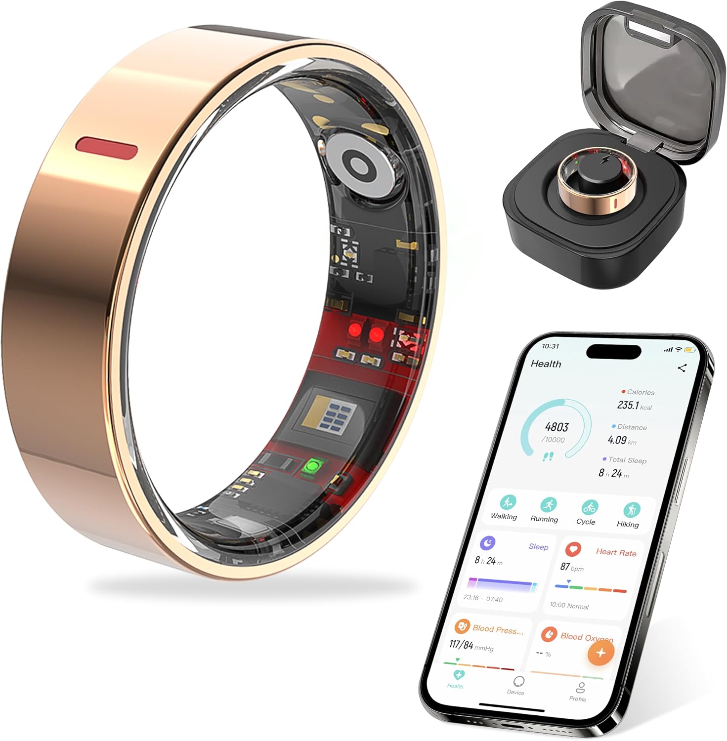 Smart Ring for Fitness & Health Tracking -PedometerSleepHeart RateBlood Oxygen Monitor Etc, 5ATM WaterproofLong Battery Life & No APP Subscription Compatible with Android and iOS Rose Gold, 7