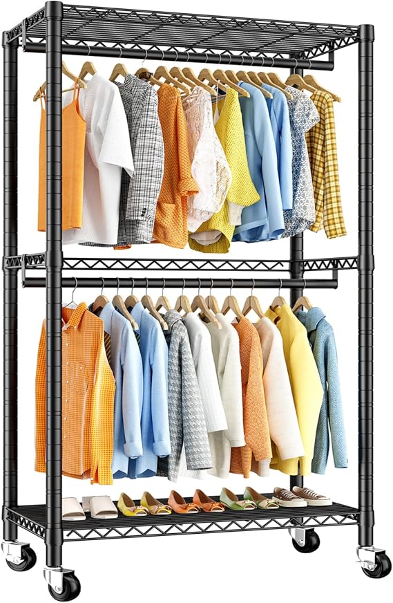 Raybee Heavy Duty Clothes Rack with 2 Shelves Rolling Portable Closet