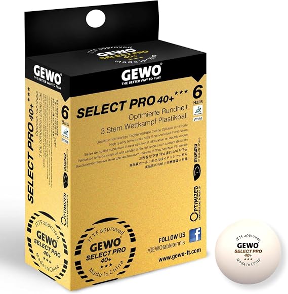 GEWO Tischtennisballe Select PRO - 3 Sterne Tischtennis-Ball aus Plastik 40+ mit Naht - ITTF-zertifizierte Wettkampf Balle - hochwertige Profi-Tischtennisballe wei, 40+mm Durchmesser