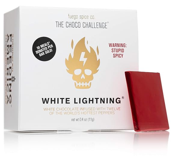 The Choco Challenge 2.0 - White Lightning by FUEGO SPICE CO. White Chocolate with World's Hottest Peppers (1 Bar) 50 Meals Donated per Bar Sold